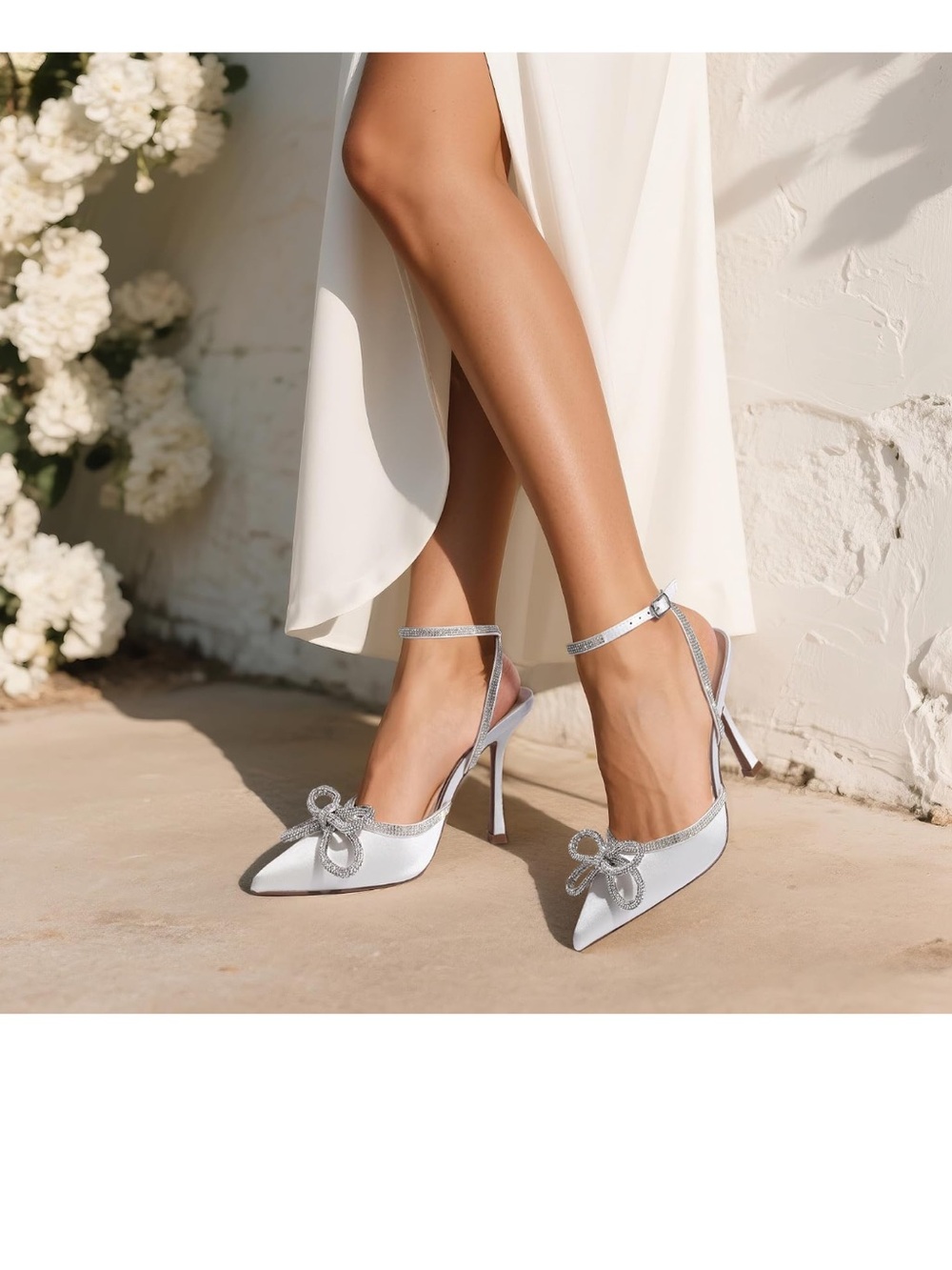 Dream Pairs White Pointed-Toe Crystal Bow Ankle-Strap Heels
